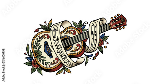 Ornate Guitar with Musical Notes and Flowers