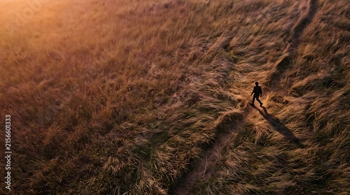 Man walking on a path through a golden grassy field at sunset