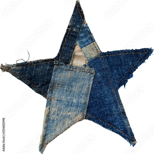 Patchwork denim star sticker featuring vintage fabric textures and frayed edges, creating a retro y2k aesthetic, isolated with a transparent background