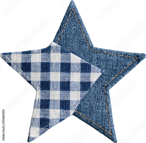 Denim and gingham fabric star cutout featuring a vintage retro textile patch design, creating a decorative scrapbook element on a transparent background for various projects