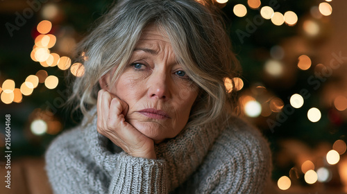 A sad woman in front of a Christmas tree, loneliness, disappointment, depression
