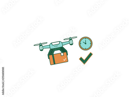 Fast drone delivery service vector illustration with package, clock, and checkmark icons.