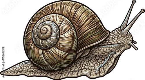 Detailed snail illustration with spiraled shell and textured body