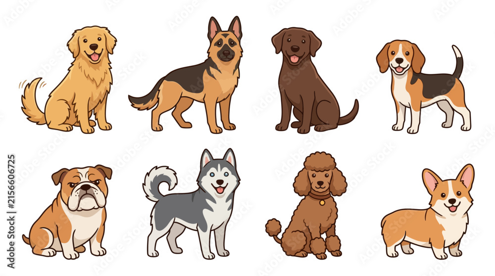 Obraz premium Cute Dog Breed Collection Vector Set Featuring Labrador, Golden Retriever, German Shepherd, Beagle, Poodle, Bulldog and Husky
