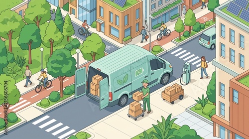 Eco-friendly urban delivery van distributing packages amidst a green city landscape and
