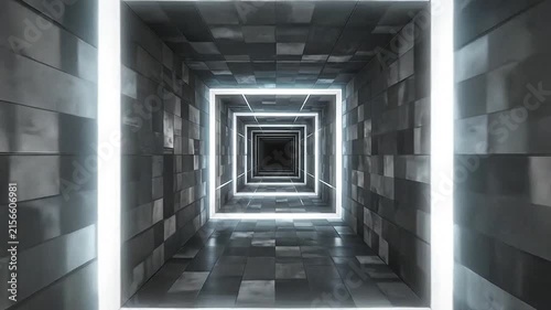 A dark corridor features glowing white square light frames inside