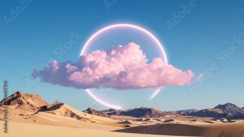 A glowing ring floats above a pink cloud in the desert