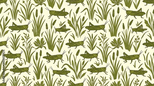 Seamless pattern with green grasshoppers and meadow plants