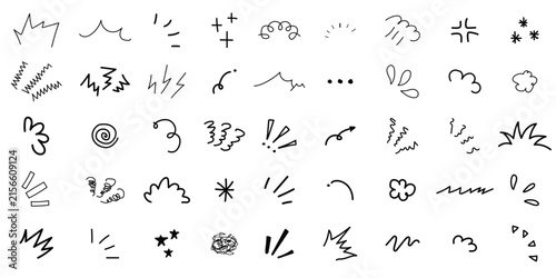 Set of hand drawn comic expression lines, doodle emotion symbols, and burst accent marks isolated on white background. Manga graphics ideal for banners, stickers, and social media.