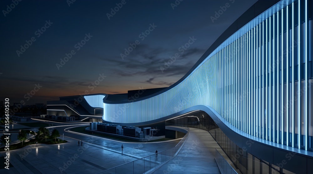 Fototapeta premium Modern architectural building with glowing blue neon lights at twilight