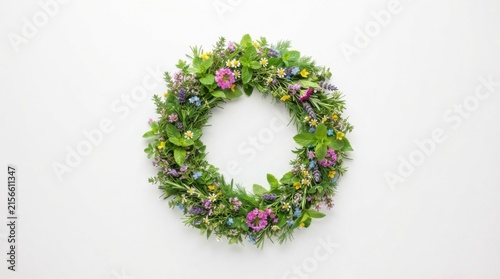Circular Spring Flower Wreath With Green Leaves on White Background