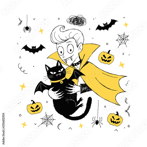 Vampire Cat Doodle Character Illustration