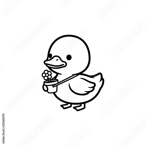 Cute Duckling Coloring Page with Flower Pot - Farm Animal Line Art for Kids and Adults