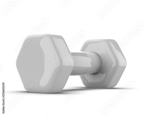 High-quality 3D illustration of a pair of clean white hexagonal dumbbells isolated on a white background, featuring a minimalist design, smooth surfaces, and soft realistic shadows.