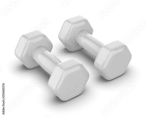 High-quality 3D illustration of a pair of clean white hexagonal dumbbells isolated on a white background, featuring a minimalist design, smooth surfaces, and soft realistic shadows.