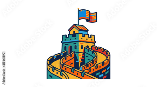 Vibrant flat vector illustration of a historic fortified stone wall