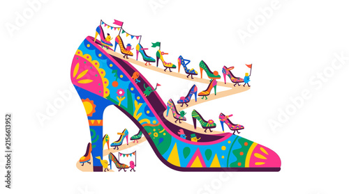 Whimsical folk art illustration of colorful high heel shoe parade