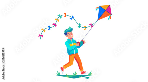 Young boy flying colorful kite in flat vector illustration style