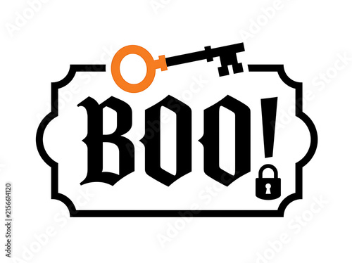 Halloween key with boo text and padlock illustration in black and white