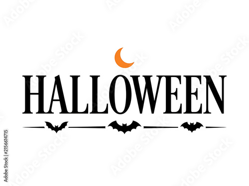 Halloween typography with bats and crescent moon on a white background