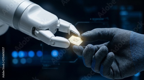 Close up of artificial intelligence concept featuring a white industrial robot arm passing a golden processor chip to a human worker with blue digital bokeh background.