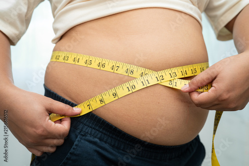 Quadro su tela Asian woman with fat belly big size overweight and obesity with measure tape