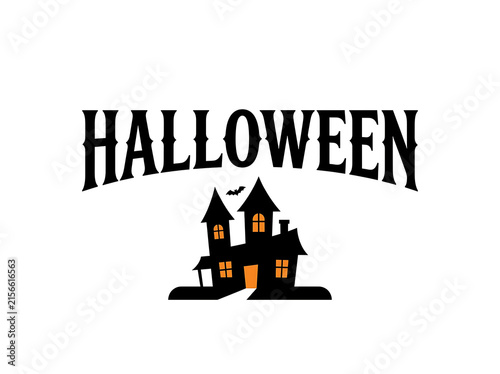 Halloween lettering with haunted house silhouette on a white background for spooky seasonal designs
