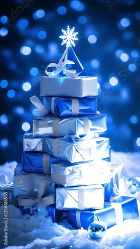 Gift boxes stacked together in blue and silver colors with snow and lights surrounding them during the holiday season