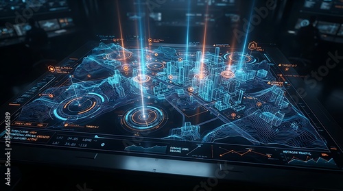 Futuristic digital city map hologram displayed on a high-tech control table in a dark command center