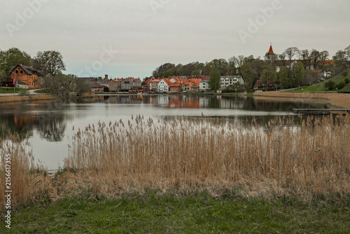Panoramic view of Talsi town in Latvia with red-roofed historic houses across calm lake, dry reeds in foreground