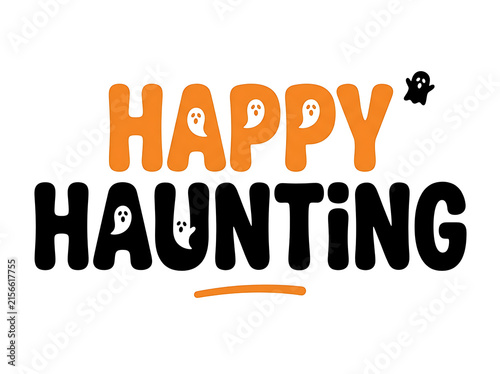 Happy haunting typography with orange ghosts and paw print on a white background