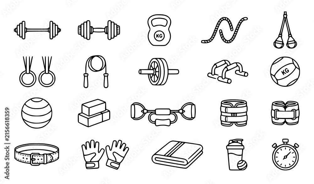 Fototapeta premium Set of hand drawn fitness and gym equipment icons for workout training and healthy lifestyle vector illustration
