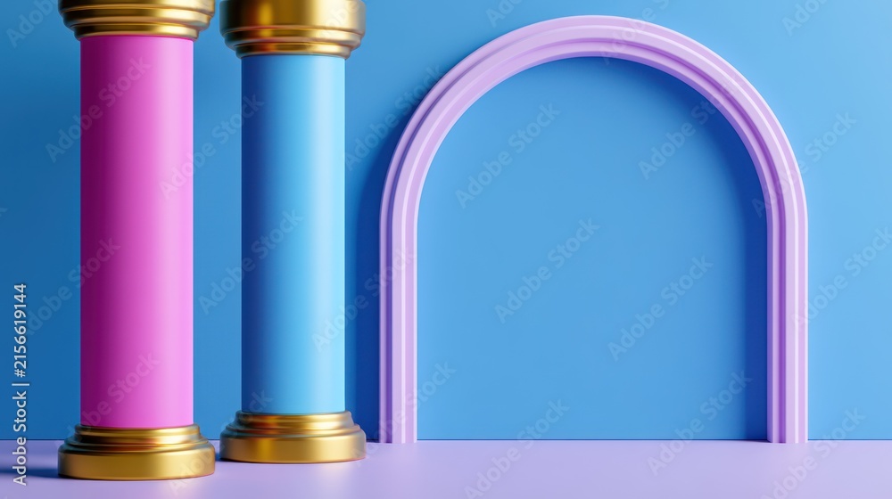 Fototapeta premium Vibrant pink and blue columns with gold accents stand on a lavender floor with a matching arch