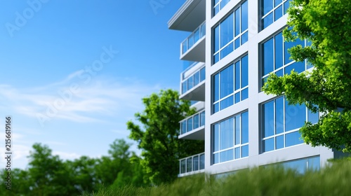 Modern glass building with blue windows, surrounded by lush green trees and clear skies