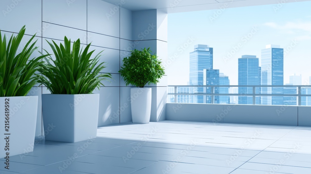 Fototapeta premium Modern terrace with potted plants overlooks city skyline under clear sky. Sleek architectural design