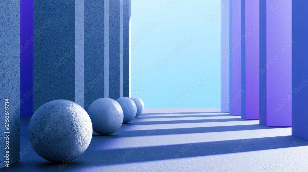 Fototapeta premium A surreal scene with spheres and colorful geometric shadows cast by tall vertical columns under a blue sky