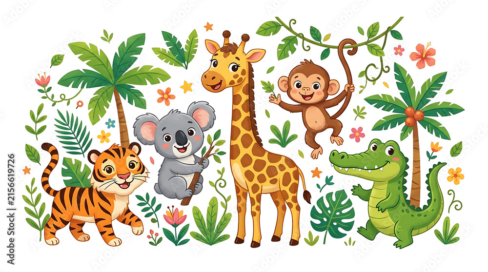 Naklejka premium Cute Jungle Animals Illustration with Tiger Koala Giraffe Monkey and Crocodile in Tropical Forest Setting