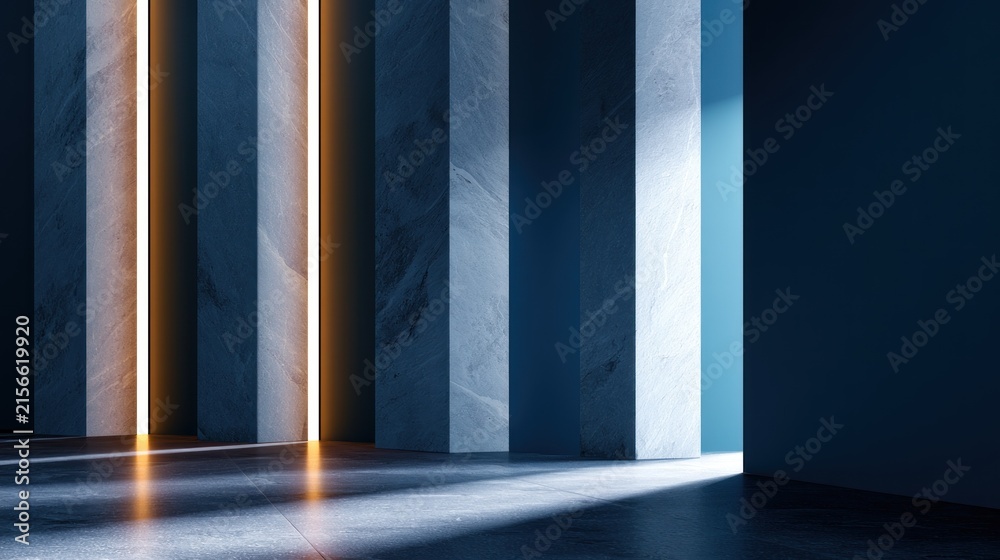 Fototapeta premium Modern interior with tall columns casting long shadows in bright sunlight; sleek and minimalistic design