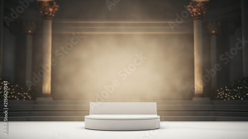 Stage of Glory: An empty, grand podium bathed in dramatic lighting, framed by classical columns, awaiting a triumphant figure or symbol of achievement.
