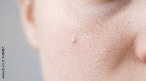 Extreme macro view of milia whitehead bump on human skin cheek