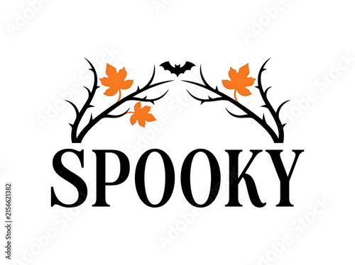 Spooky halloween lettering with branches leaves and bat silhouette on white background
