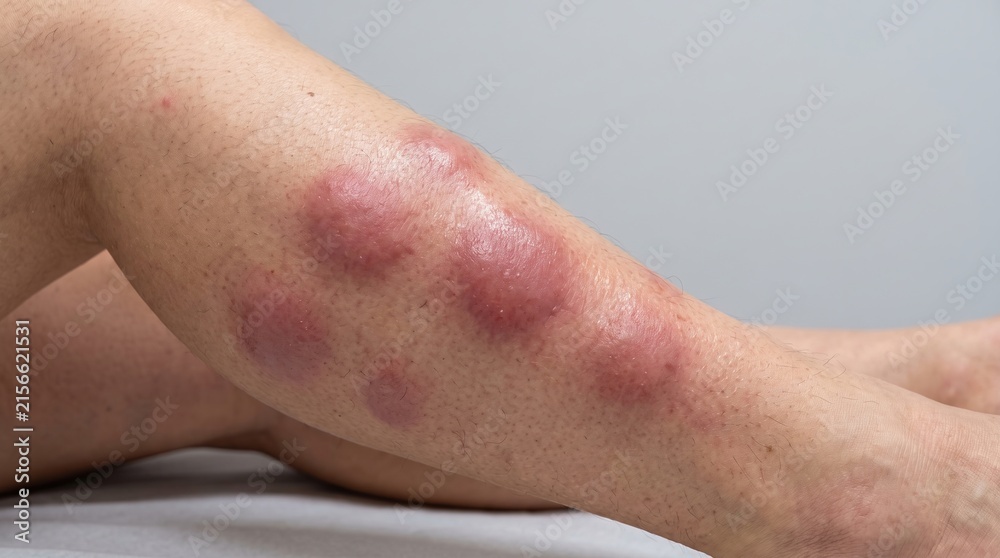 Fototapeta premium Close up view of erythema nodosum large red painful bumps on lower leg skin