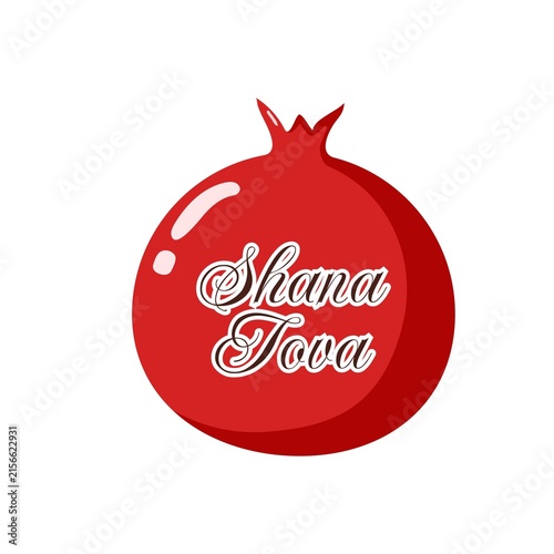 Stylized red pomegranate with glossy crown top and Shana Tova text inside, symbolizing abundance, blessings, and joy for the Jewish New Year Rosh Hashanah