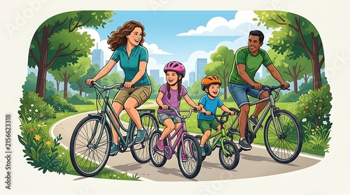 Happy family riding bicycles together in a sunny city park