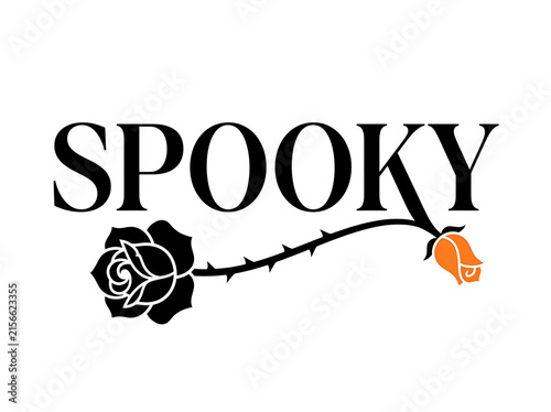 Spooky lettering with black rose and pumpkin illustration on a white background