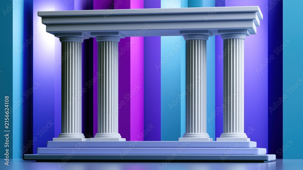 Fototapeta premium Three classical columns stand against a vibrant backdrop of vertical blue and purple stripes
