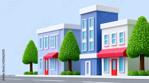 Cartoon-style street scene with colorful buildings, trees, and a clear sky, evoking simplicity