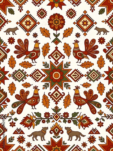 Ethnic folk art pattern with birds wolves and floral motifs