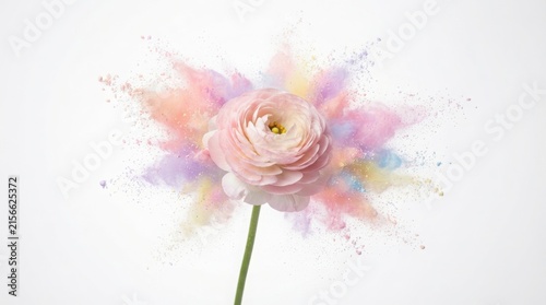 Pastel ranunculus flower with colorful powder explosion. Pink floral bloom with rainbow dust splash. Artistic botanical still life on white.