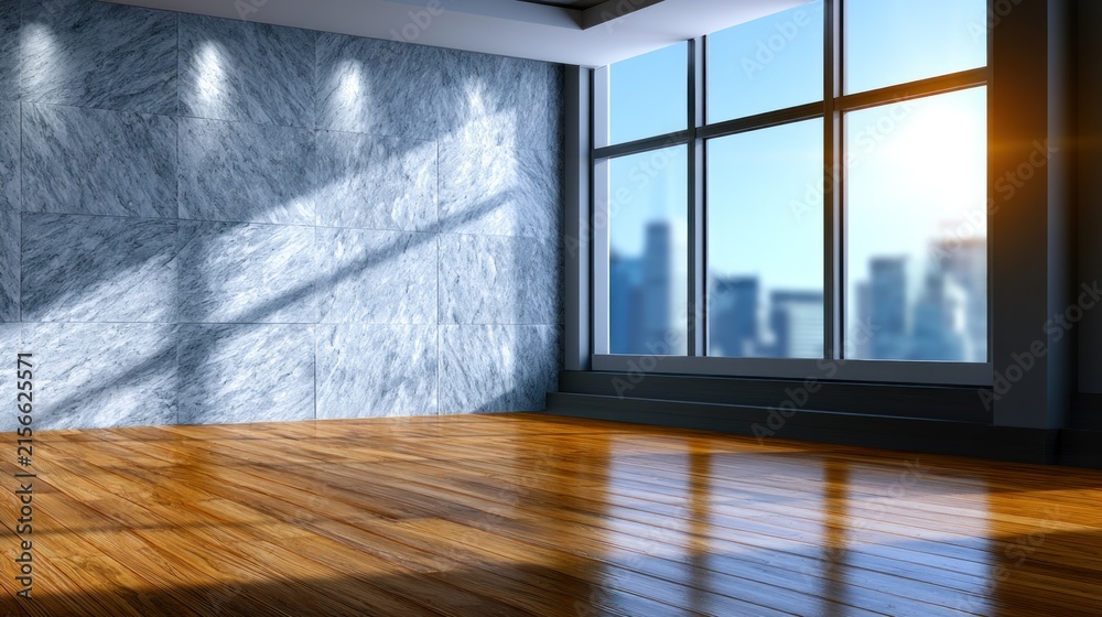 Fototapeta premium Sunlit modern room with wooden floors, large windows, and textured wall, city skyline outside